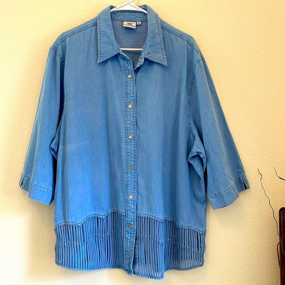 LaFei-Nier Denim Shirt 4XL Rhinestone Hem Chambray Y2K Vintage Plus